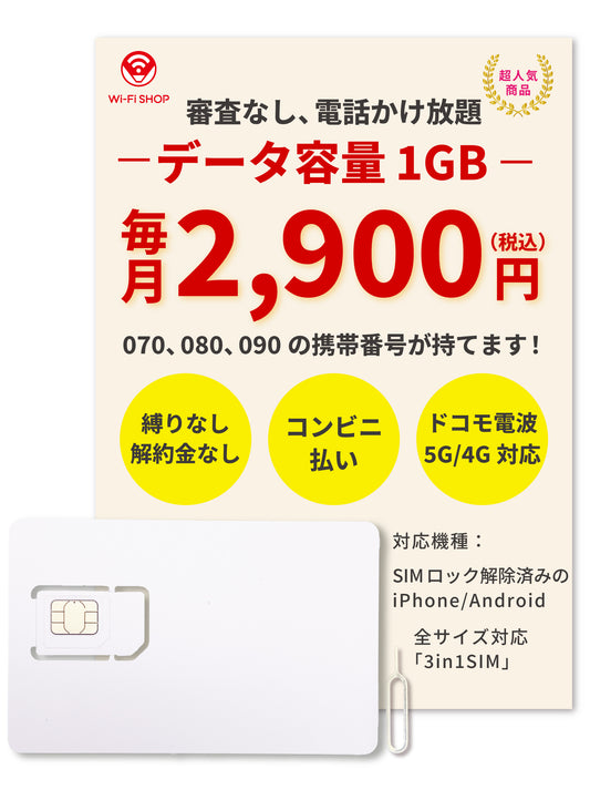 電話かけ放題!【データ容量 1GB】