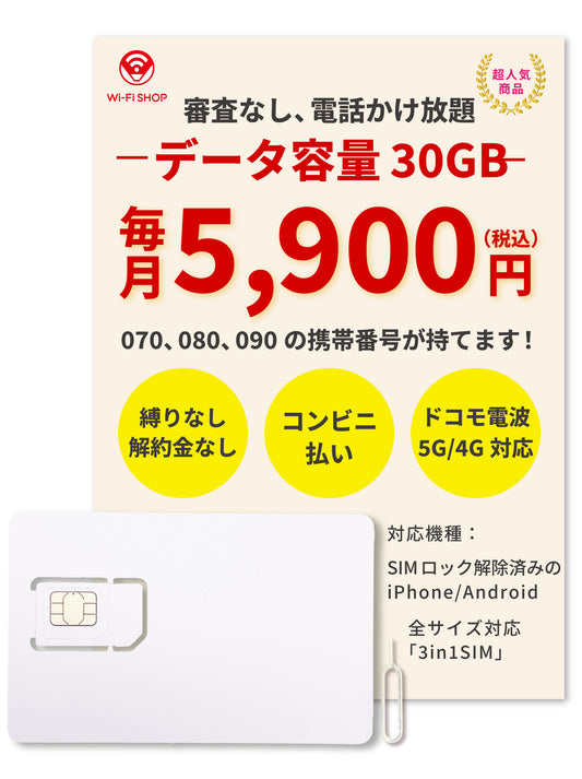 電話かけ放題!【データ容量 30GB】